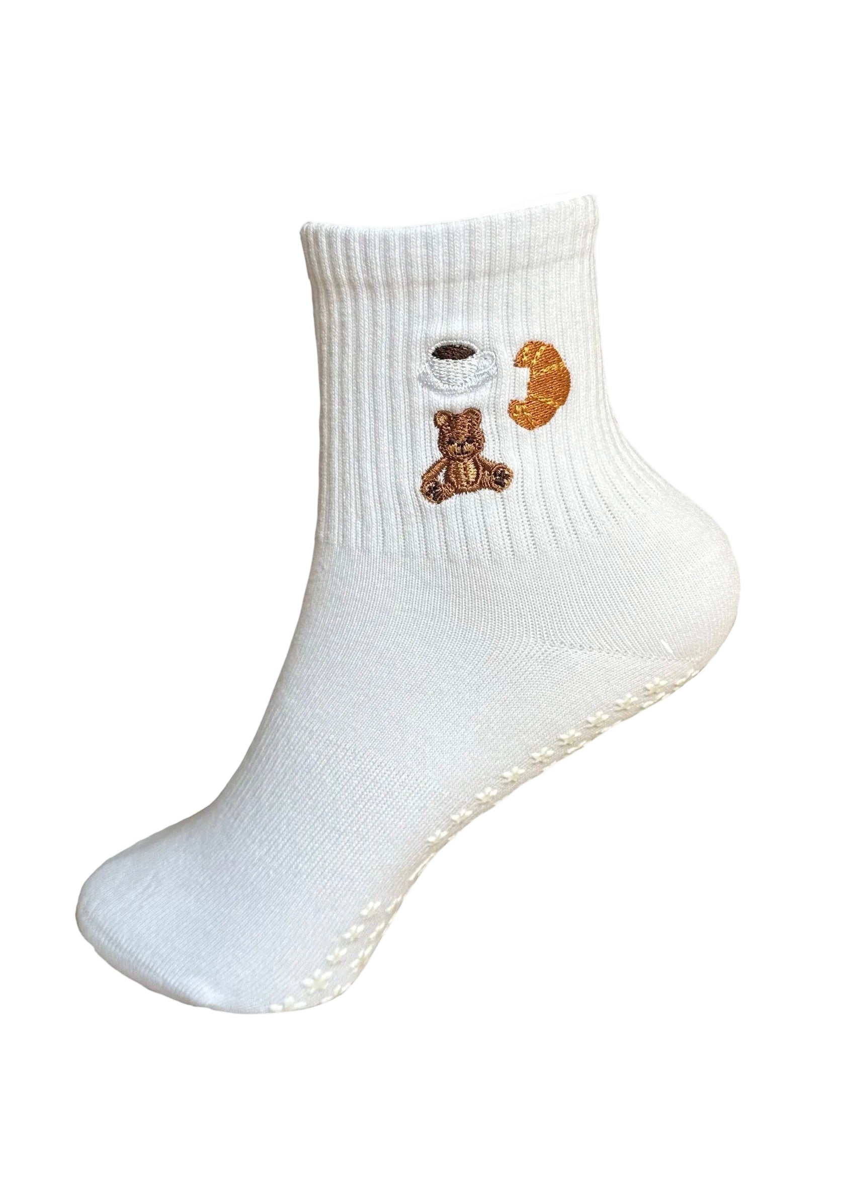Pilates Socken in weiß mit Kaffee Croissant und Bär