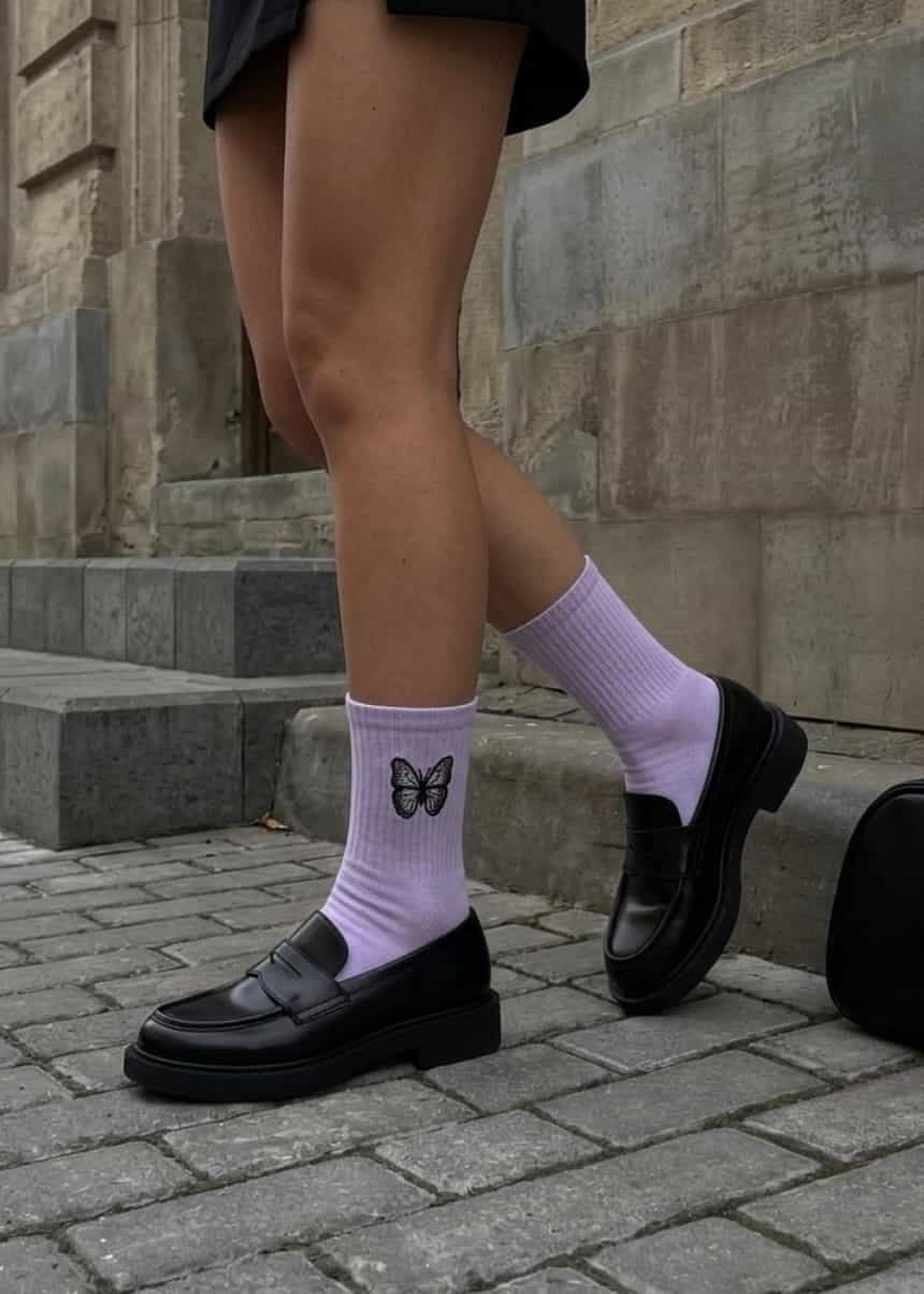 Lila Socken mit einem Schmeterling