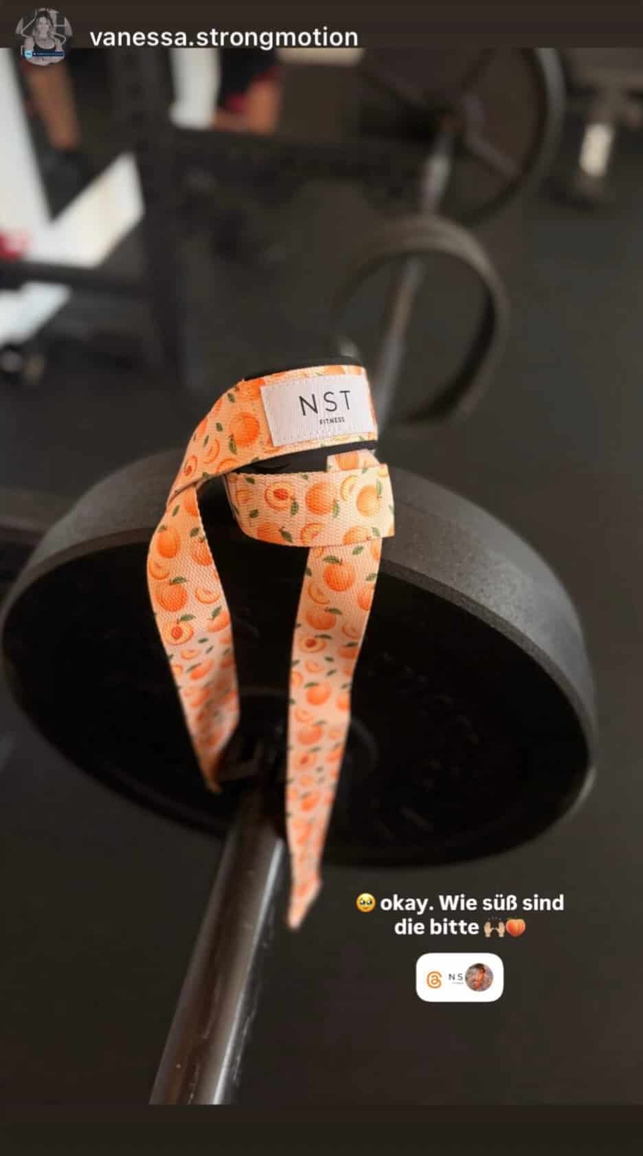 NST Fitness Zughilfen mit orangefarbenem Pfirsichmuster auf einem Fitnessgerät – stylische Unterstützung für das Krafttraining.
