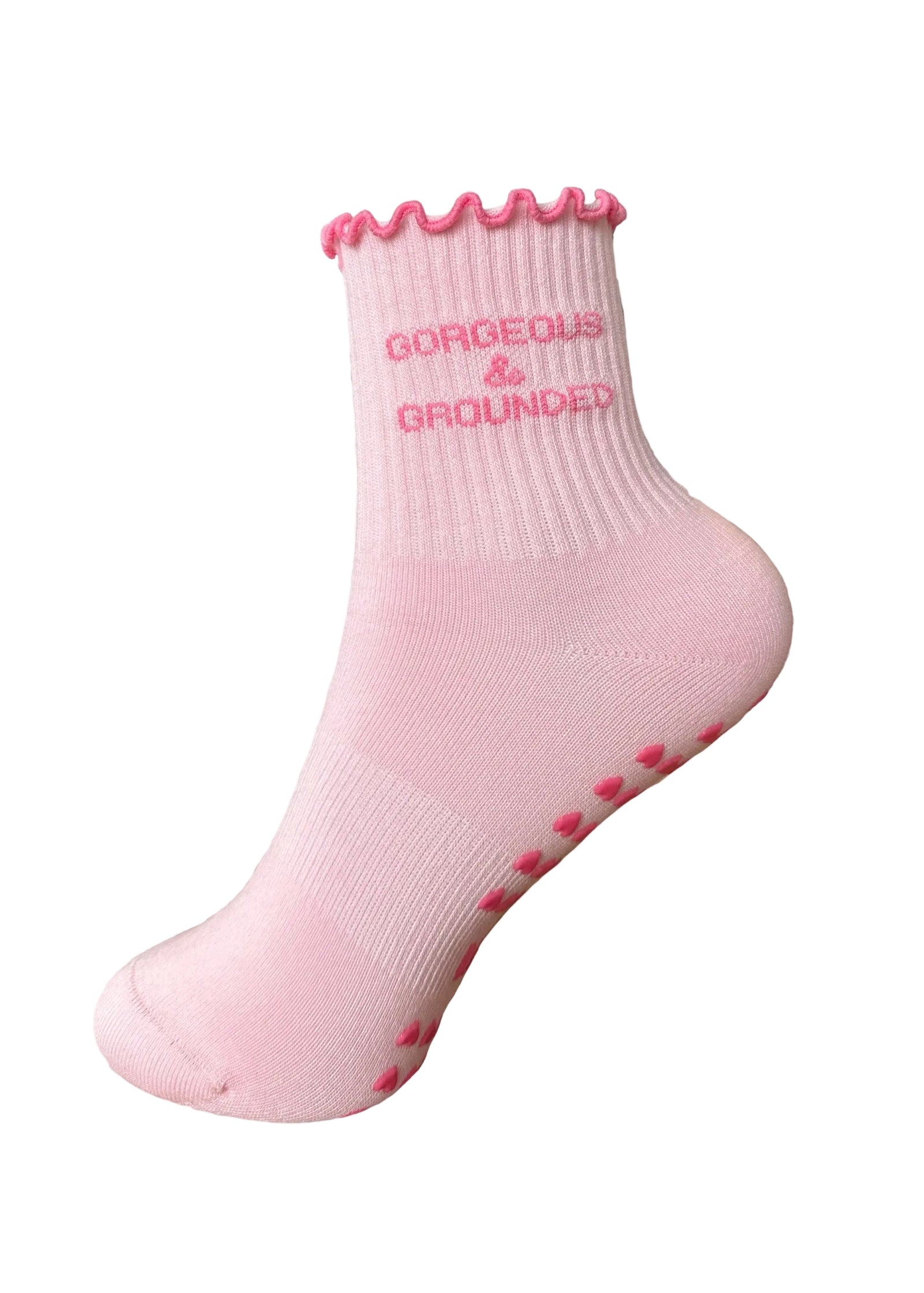 Pinke Pilates Socken mir Rüschenrand und Herz Noppen