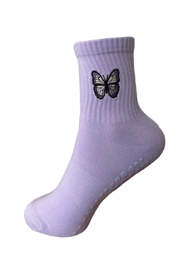 Lila Pilates Socken mit Schmetterling