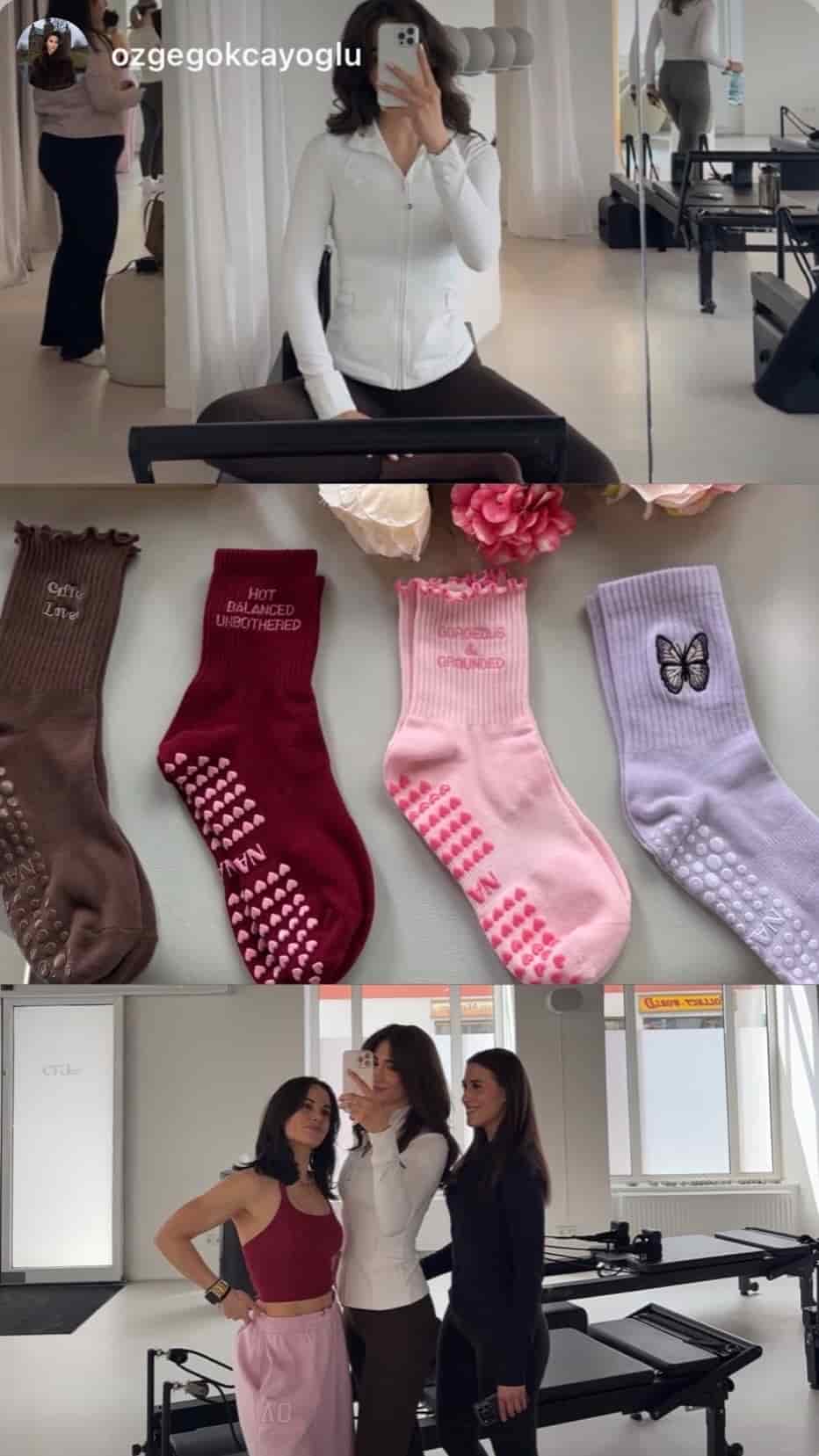 Collage aus einem Pilates-Studio, vier verschiedenen NST Pilates-Socken in Braun, Bordeaux, Rosa und Flieder sowie drei Frauen vor einem Reformer im Pilates-Studio.