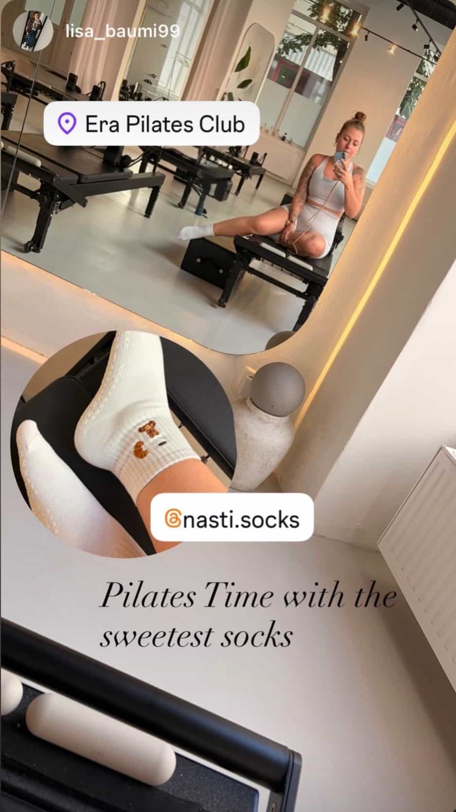 Weiße NST Pilates Grip Socken mit Bärchen- und Herzmotiv während einer Reformer-Pilates-Session im Studio.