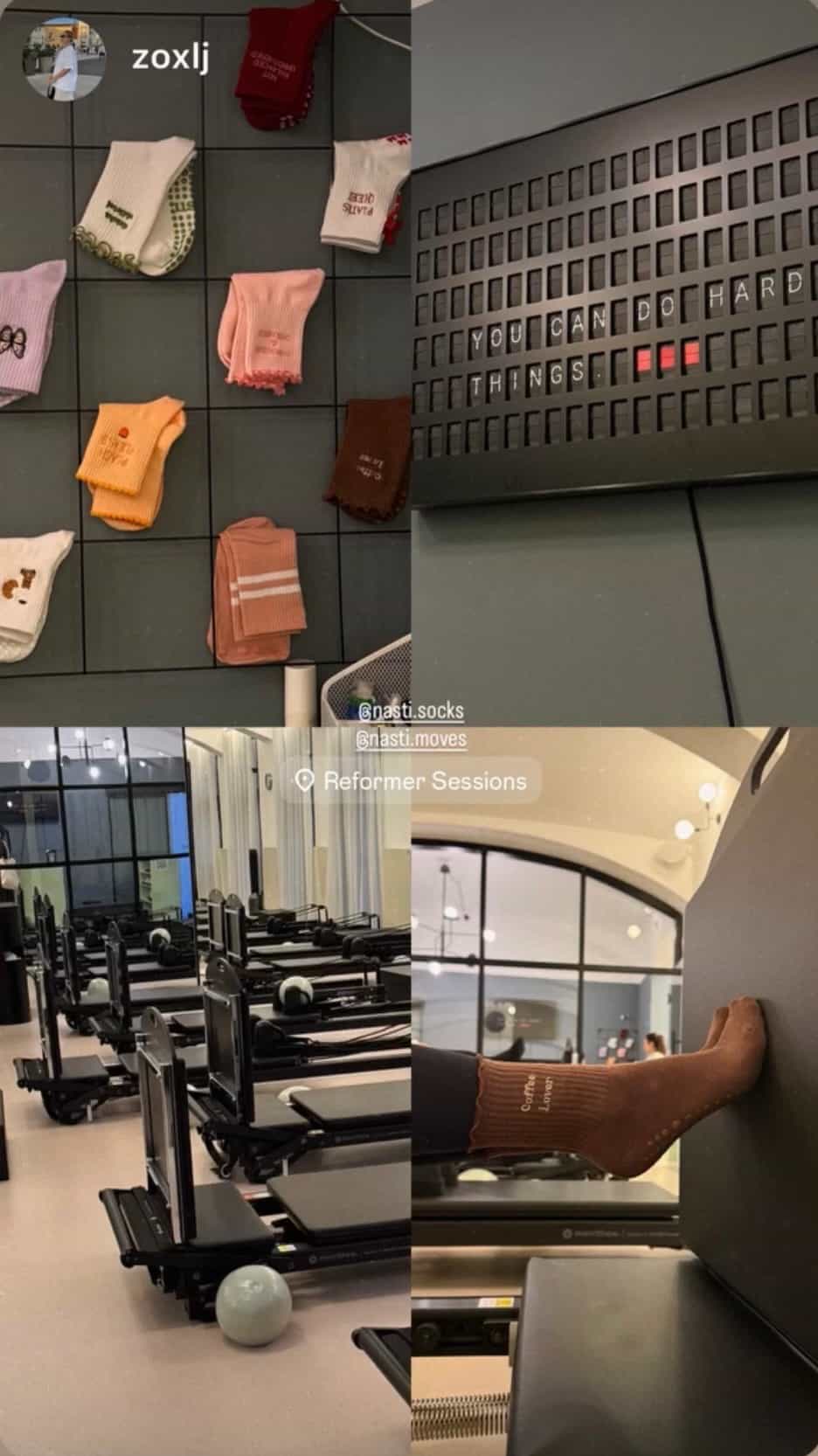 Collage mit verschiedenen NST Grip Socken, einem Reformer-Pilates-Studio und braunen Grip Socken während einer Reformer-Session.