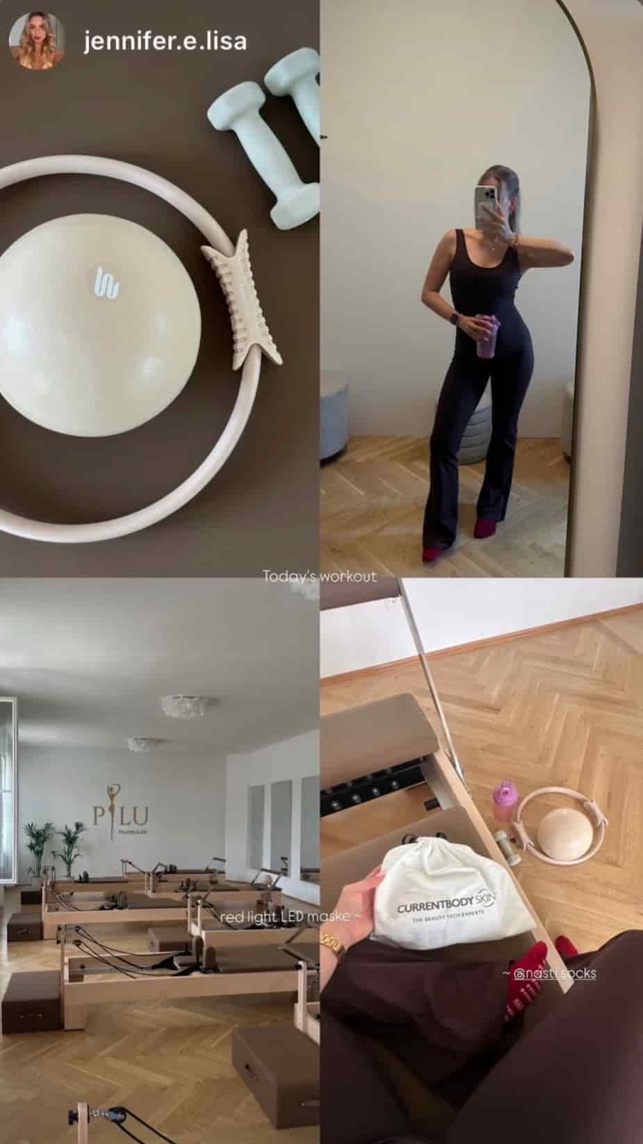 Collage aus einem Pilates-Workout mit Pilates-Equipment, einer Frau in schwarzer Sportkleidung und roten Grip Socks sowie einem hellen Reformer-Pilates-Studio.